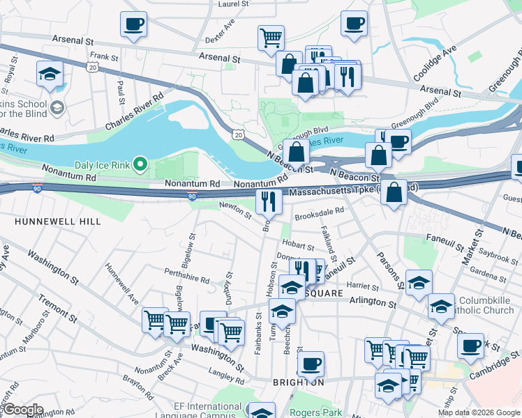 map of restaurants, bars, coffee shops, grocery stores, and more near 12-14 Woodmont Street in Boston
