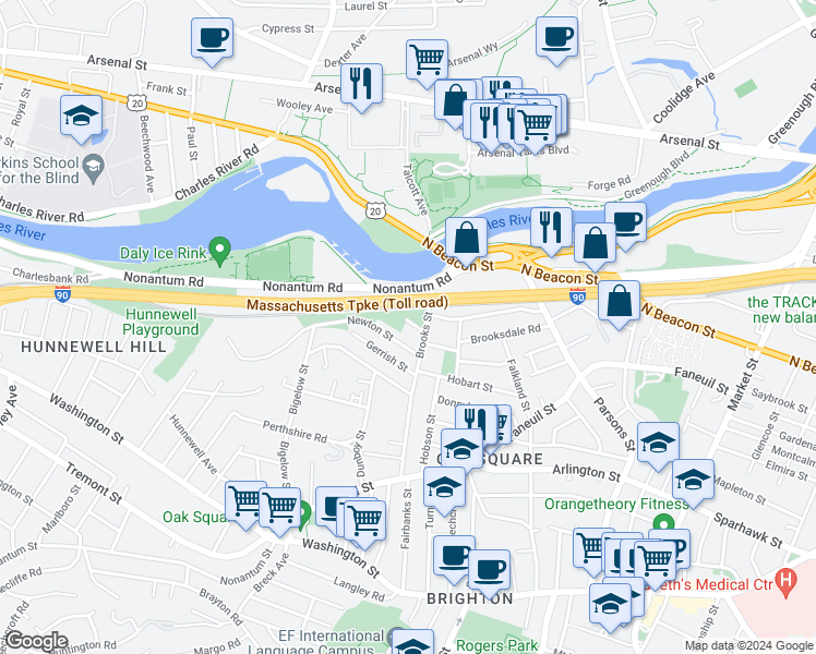 map of restaurants, bars, coffee shops, grocery stores, and more near 12-14 Woodmont Street in Boston