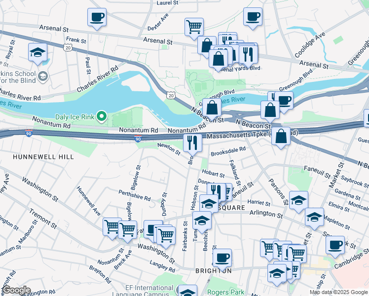map of restaurants, bars, coffee shops, grocery stores, and more near 12-14 Woodmont Street in Boston