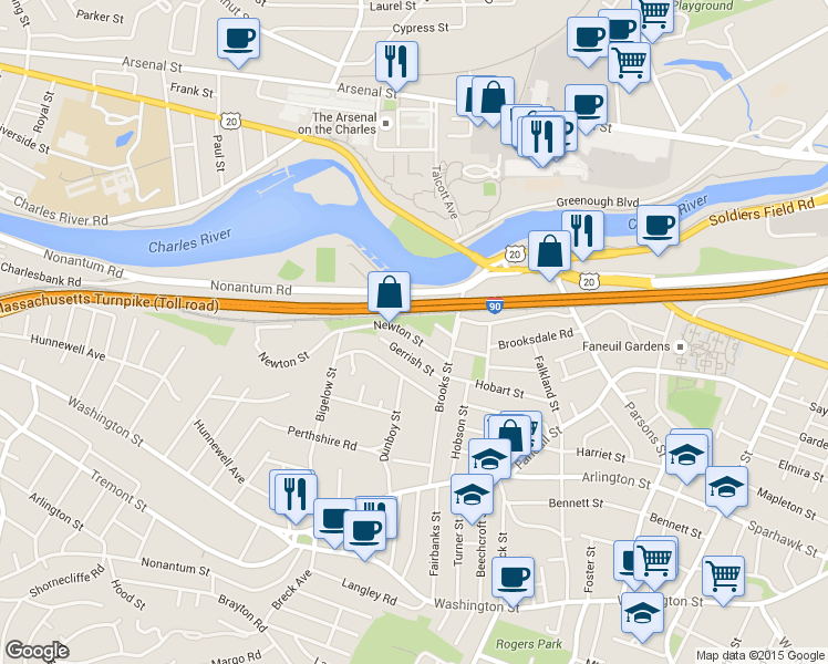 map of restaurants, bars, coffee shops, grocery stores, and more near 40 Newton Street in Boston