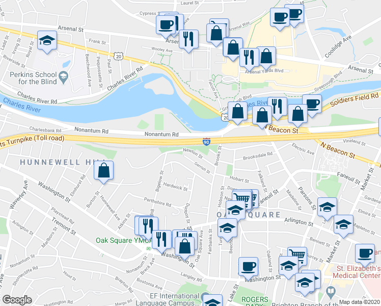 map of restaurants, bars, coffee shops, grocery stores, and more near 40 Newton Street in Boston