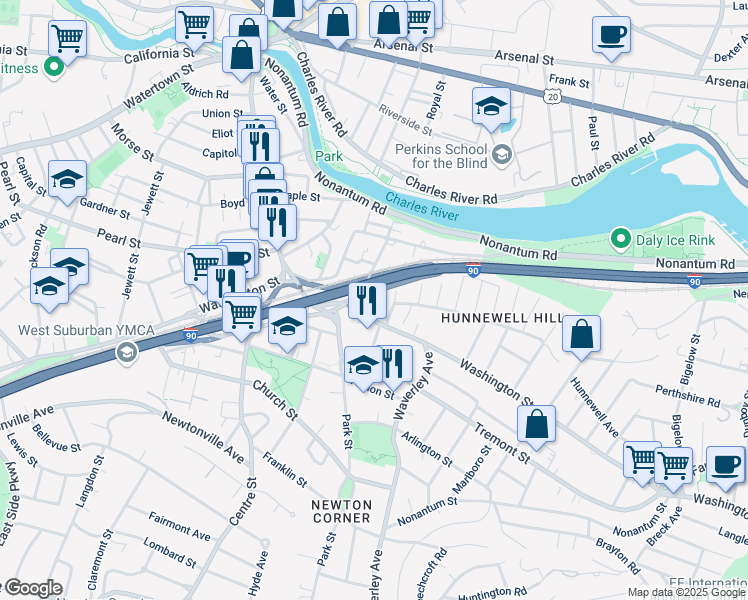 map of restaurants, bars, coffee shops, grocery stores, and more near 56 Saint James Circle in Newton