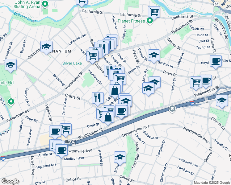 map of restaurants, bars, coffee shops, grocery stores, and more near 8 Clinton Street in Newton