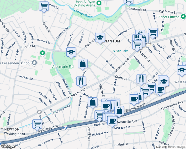 map of restaurants, bars, coffee shops, grocery stores, and more near 100 Walnut Street in Newton