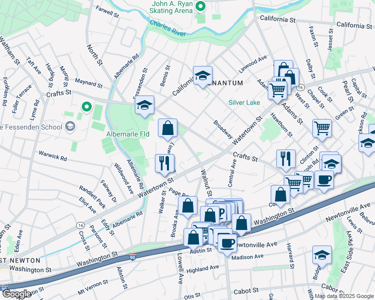 map of restaurants, bars, coffee shops, grocery stores, and more near 100 Walnut Street in Newton