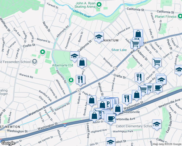 map of restaurants, bars, coffee shops, grocery stores, and more near 334 Linwood Avenue in Newton