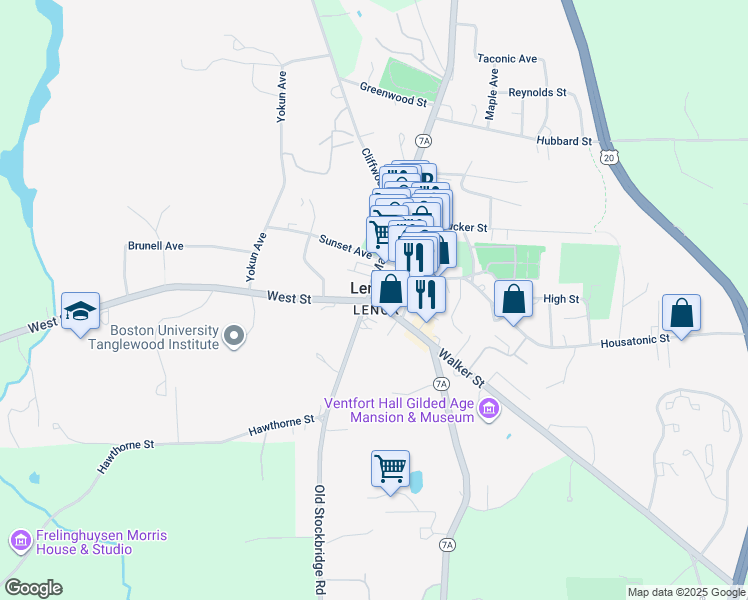 map of restaurants, bars, coffee shops, grocery stores, and more near 8 Walker Street in Lenox