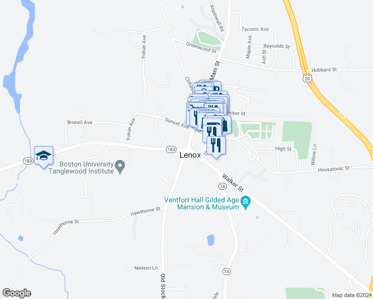 map of restaurants, bars, coffee shops, grocery stores, and more near 12 Main Street in Lenox