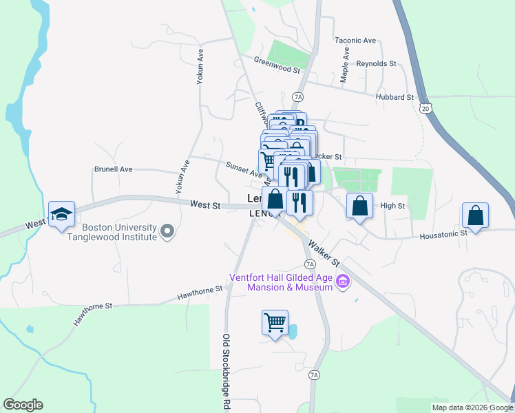 map of restaurants, bars, coffee shops, grocery stores, and more near 2 New Lenox Road in Lenox