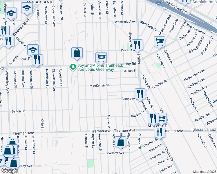 map of restaurants, bars, coffee shops, grocery stores, and more near 7412 Mackenzie Street in Detroit
