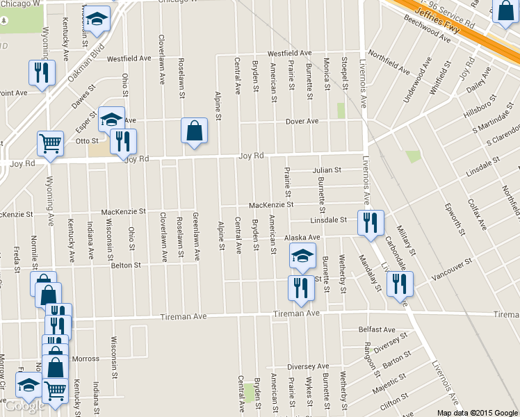 map of restaurants, bars, coffee shops, grocery stores, and more near 8500 Bryden Street in Detroit