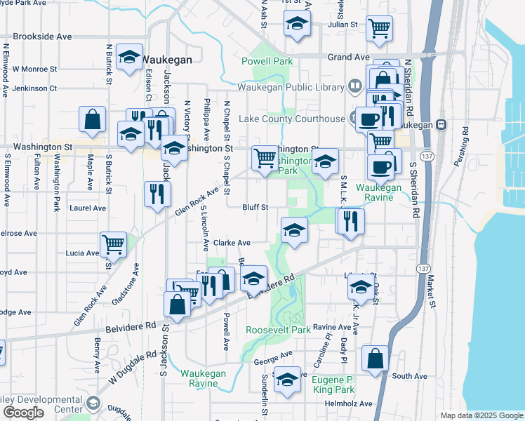 map of restaurants, bars, coffee shops, grocery stores, and more near 562 Bluff Street in Waukegan