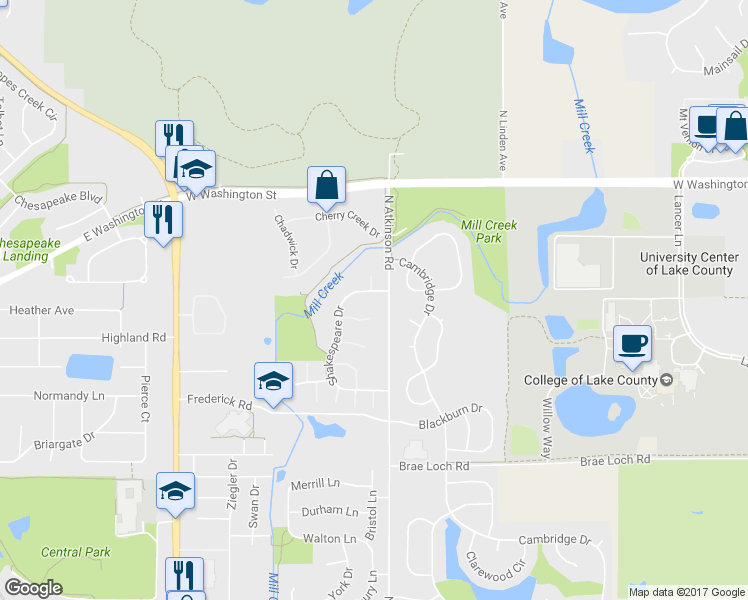 map of restaurants, bars, coffee shops, grocery stores, and more near 887 Shakespeare Drive in Grayslake