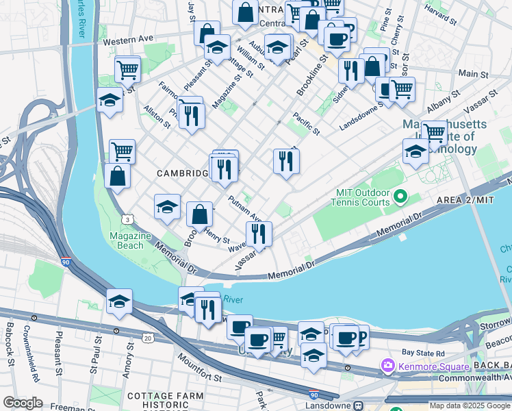 map of restaurants, bars, coffee shops, grocery stores, and more near 216 Sidney Street in Cambridge