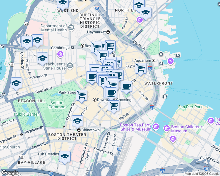 map of restaurants, bars, coffee shops, grocery stores, and more near 14 Milk Street in Boston