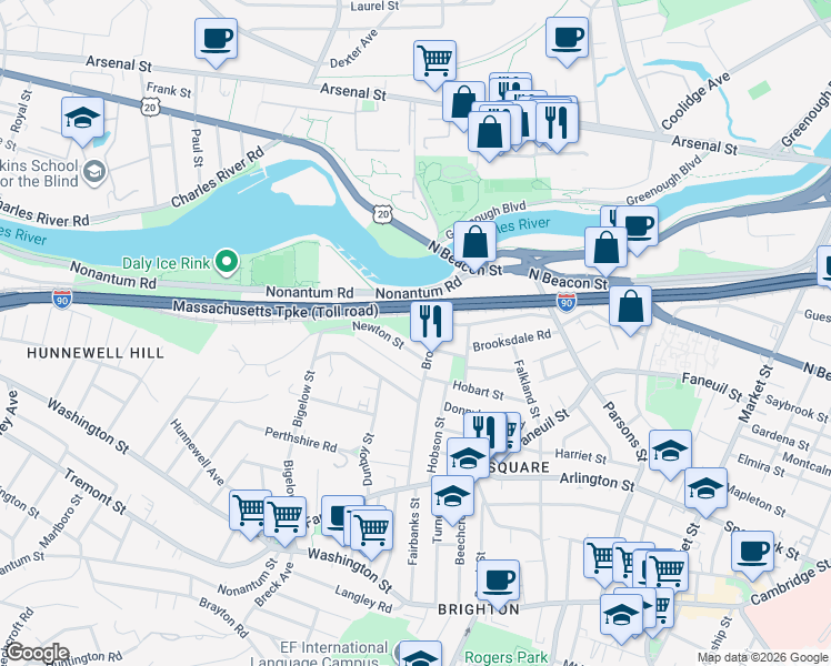 map of restaurants, bars, coffee shops, grocery stores, and more near 12-14 Woodmont Street in Boston
