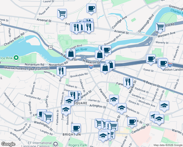 map of restaurants, bars, coffee shops, grocery stores, and more near 225 Parsons Street in Boston