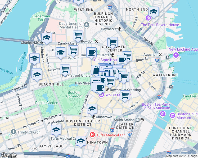 map of restaurants, bars, coffee shops, grocery stores, and more near 111 Tremont Street in Boston