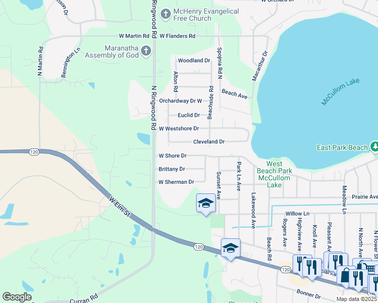map of restaurants, bars, coffee shops, grocery stores, and more near 5416 West Westshore Drive in McHenry
