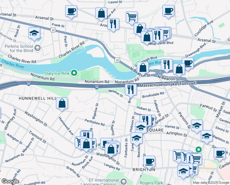 map of restaurants, bars, coffee shops, grocery stores, and more near 40 Newton Street in Boston