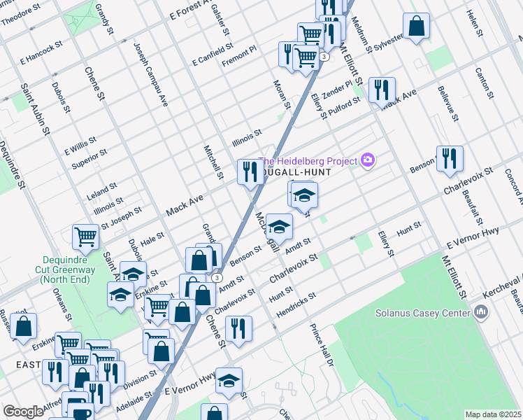 map of restaurants, bars, coffee shops, grocery stores, and more near 3140 Preston Street in Detroit
