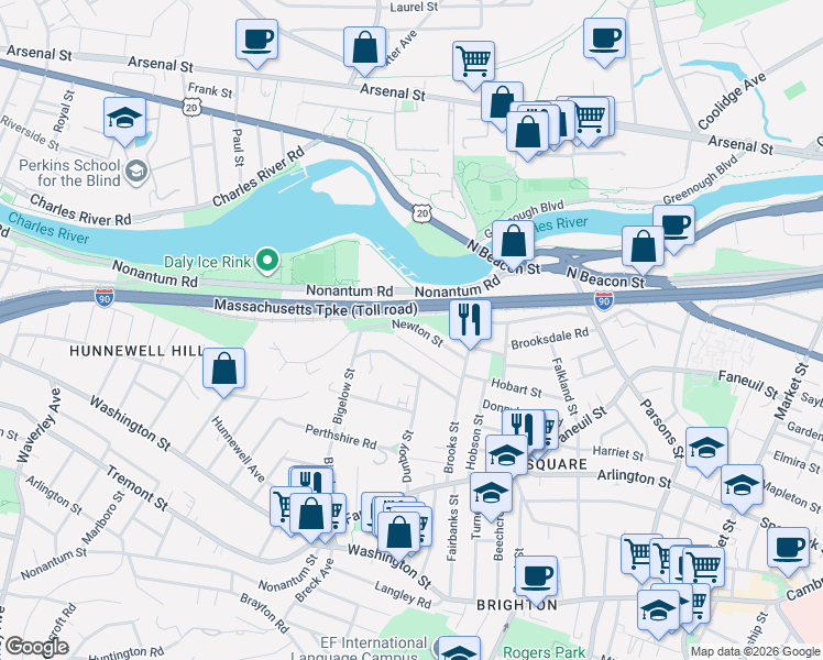 map of restaurants, bars, coffee shops, grocery stores, and more near 40 Newton Street in Boston