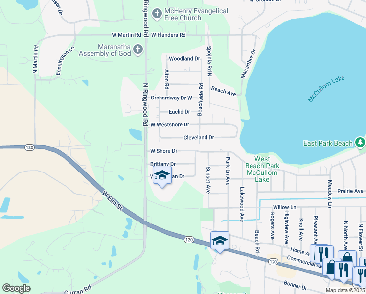 map of restaurants, bars, coffee shops, grocery stores, and more near 5416 West Westshore Drive in McHenry