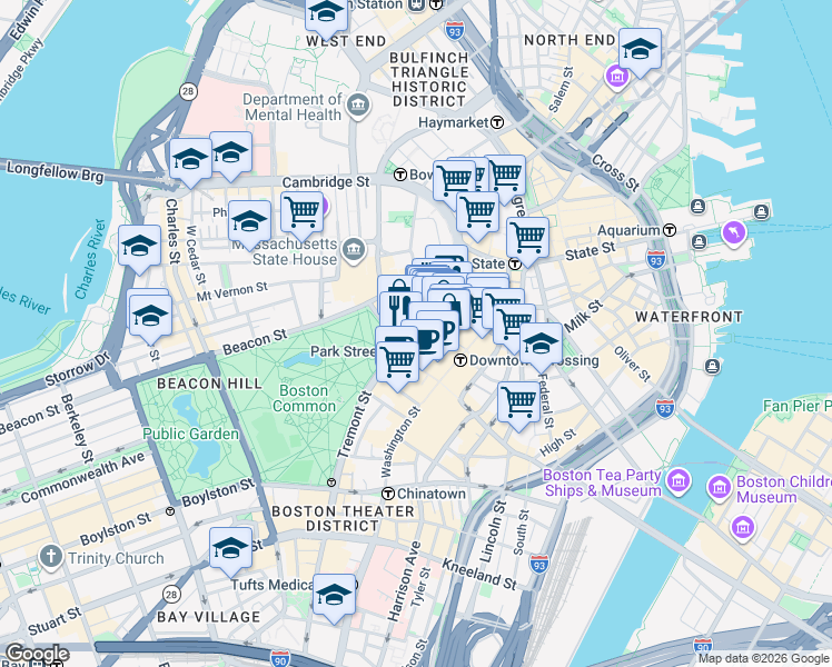 map of restaurants, bars, coffee shops, grocery stores, and more near 112 Tremont Street in Boston