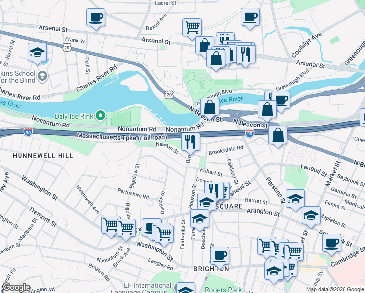 map of restaurants, bars, coffee shops, grocery stores, and more near 12-14 Woodmont Street in Boston