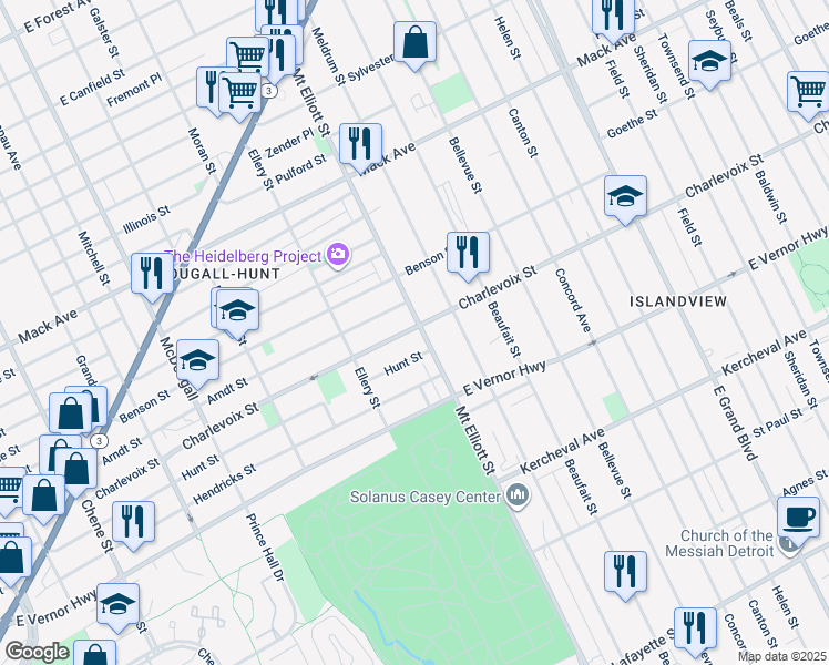 map of restaurants, bars, coffee shops, grocery stores, and more near 3738 Charlevoix Street in Detroit