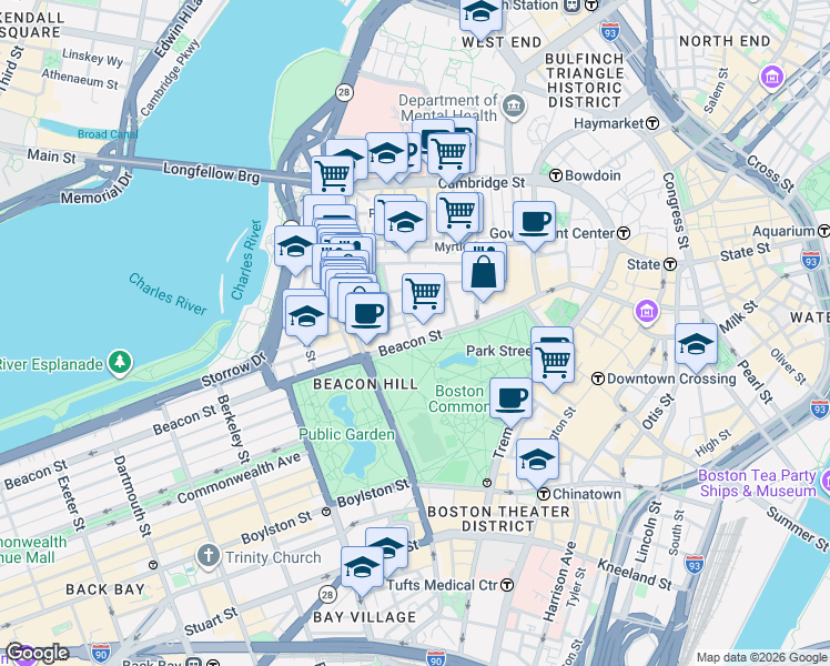 map of restaurants, bars, coffee shops, grocery stores, and more near in Boston