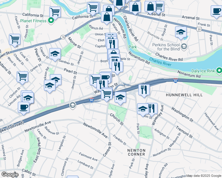 map of restaurants, bars, coffee shops, grocery stores, and more near in Newton