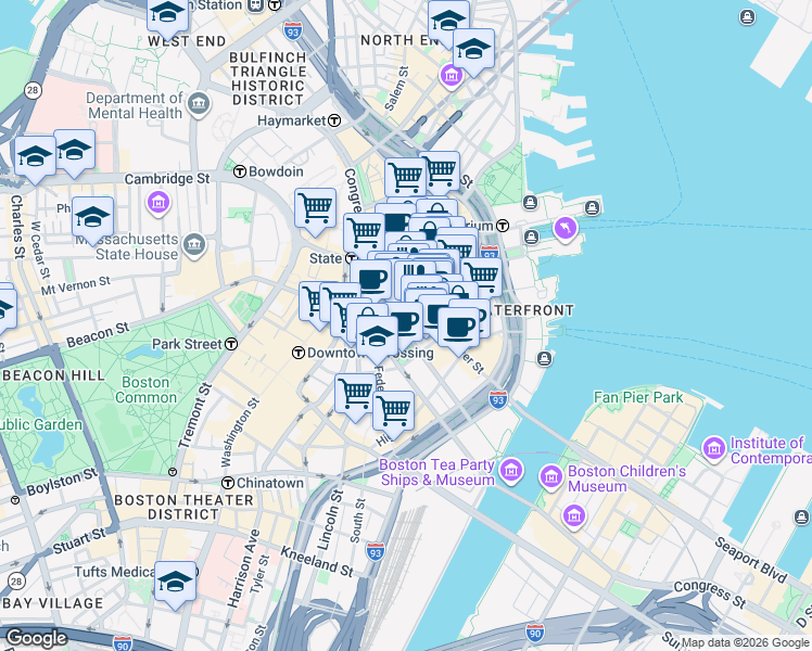 map of restaurants, bars, coffee shops, grocery stores, and more near 12 Pearl Street in Boston