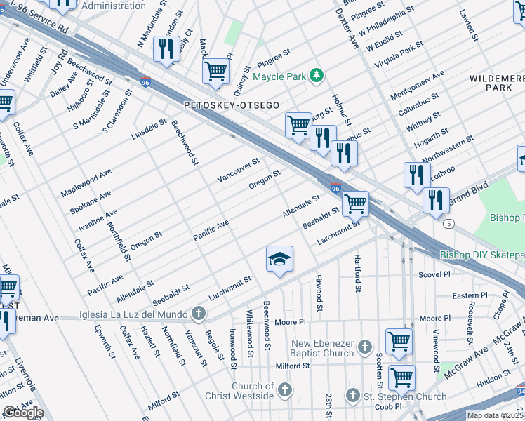 map of restaurants, bars, coffee shops, grocery stores, and more near 4581 Pacific Avenue in Detroit