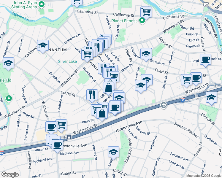 map of restaurants, bars, coffee shops, grocery stores, and more near 12 Clinton Street in Newton