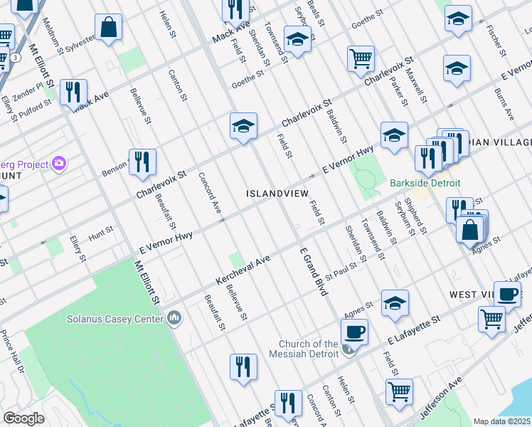 map of restaurants, bars, coffee shops, grocery stores, and more near 2257 Helen Street in Detroit