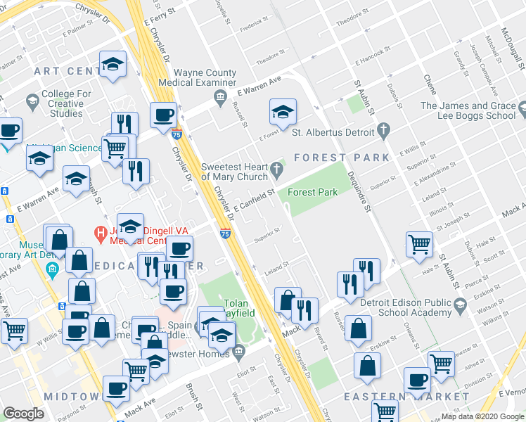 map of restaurants, bars, coffee shops, grocery stores, and more near 1316 East Canfield Street in Detroit