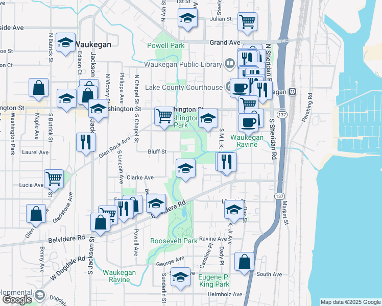 map of restaurants, bars, coffee shops, grocery stores, and more near 521 Bluff Street in Waukegan