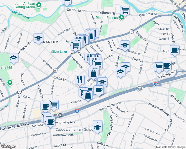 map of restaurants, bars, coffee shops, grocery stores, and more near 8 Clinton Street in Newton