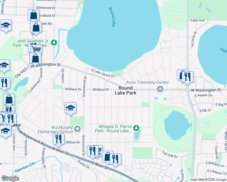 map of restaurants, bars, coffee shops, grocery stores, and more near 429 Highmoor Drive in Round Lake Park
