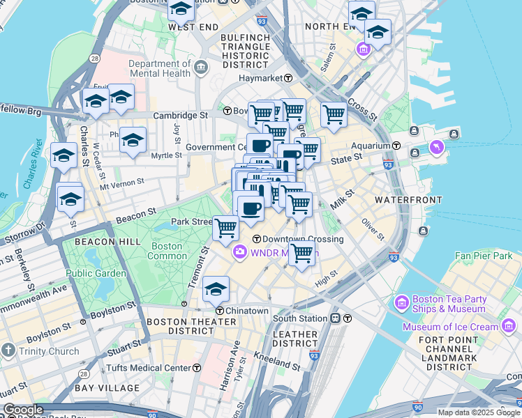map of restaurants, bars, coffee shops, grocery stores, and more near 60 School Street in Boston