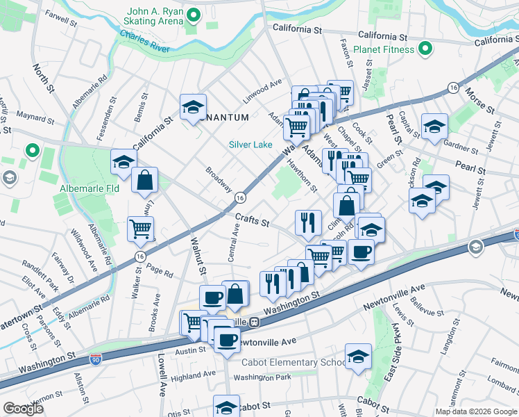 map of restaurants, bars, coffee shops, grocery stores, and more near 44 Judkins Street in Newton