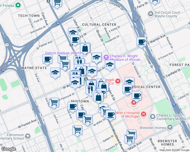 map of restaurants, bars, coffee shops, grocery stores, and more near 84 East Warren Avenue in Detroit