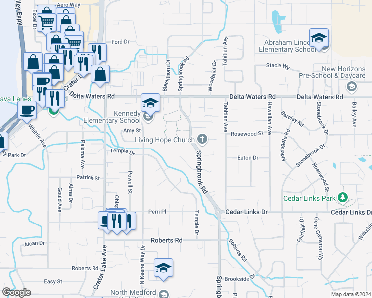 map of restaurants, bars, coffee shops, grocery stores, and more near 2379 Bell Court in Medford