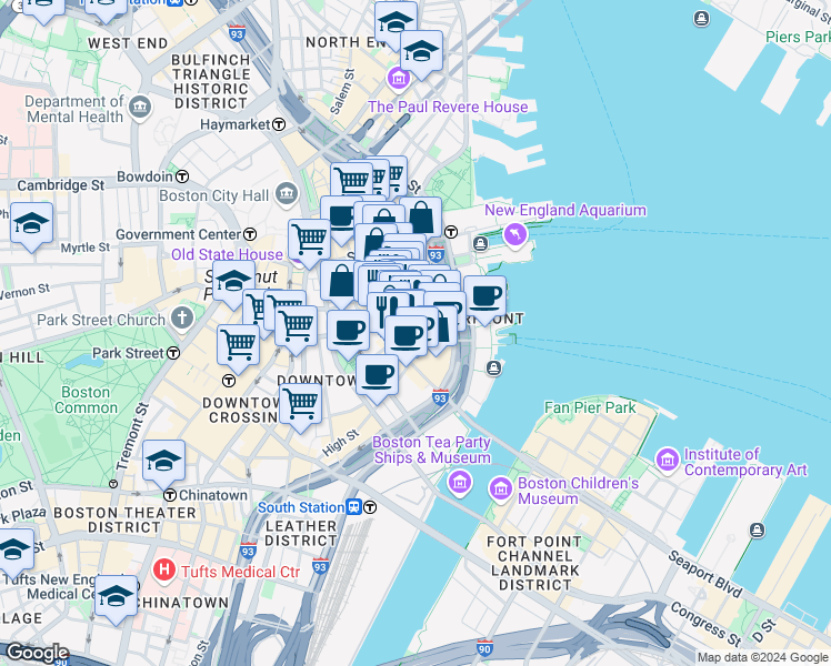 map of restaurants, bars, coffee shops, grocery stores, and more near 67 Batterymarch Street in Boston
