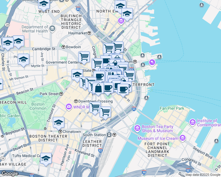 map of restaurants, bars, coffee shops, grocery stores, and more near 20 Pearl Street in Boston