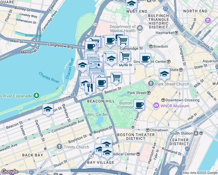map of restaurants, bars, coffee shops, grocery stores, and more near 28 Branch Street in Boston