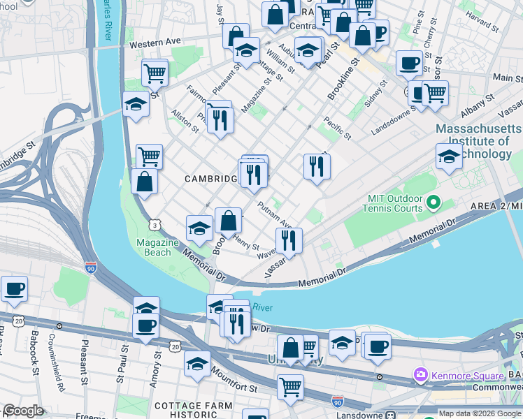 map of restaurants, bars, coffee shops, grocery stores, and more near in Cambridge