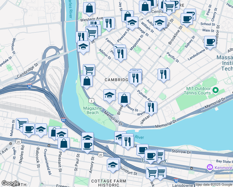 map of restaurants, bars, coffee shops, grocery stores, and more near 1 Pearl Street Place in Cambridge