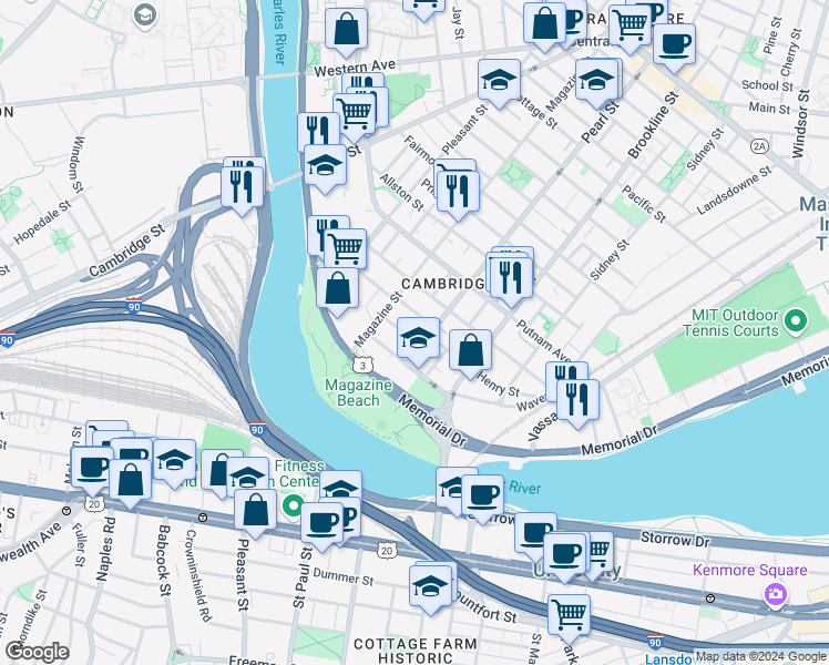 map of restaurants, bars, coffee shops, grocery stores, and more near 17 Glenwood Avenue in Cambridge